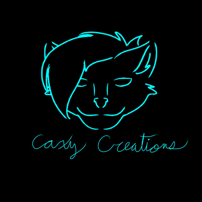 A stylized linework of a caxy (half cat, half fox hybrid) with hair brushed over their right eye. Below the caxy is the words "Caxy Creations" in cursive. All colors are the same aqua, except for the background which is solid black.